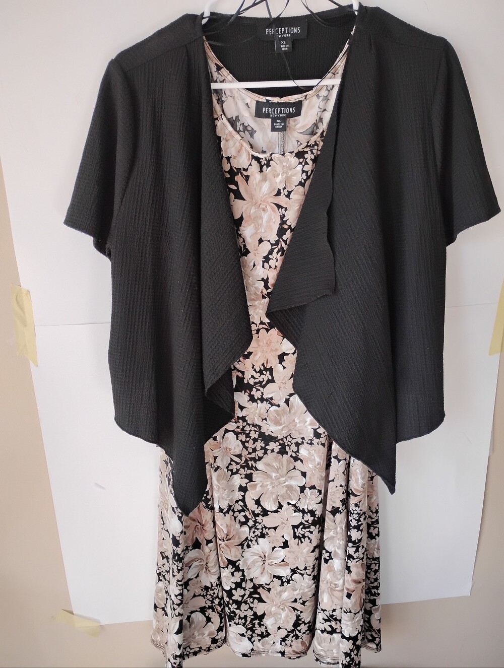Perceptions Black Floral Dress with Beige Floral Print and Black Open Cardigan